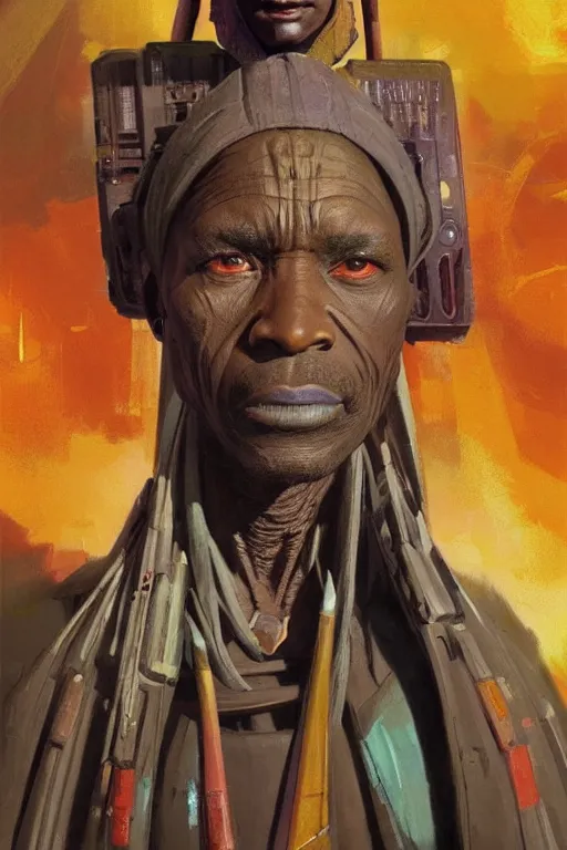 Prompt: a full body sci-fi portrait, oil painting, illustration of an old African Jedi, colourful, by Justin Sweet and Greg Rutkowski and Alphones Much