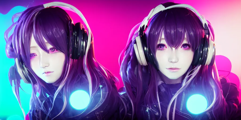 Image similar to beautiful portrait of a woman with pastel long hair with her eyes closed facing the camera centered with headphones on in the style of a code vein character, momo from twice in code vein in the style of WLOP, artgerm, yasutomo oka, rendered in unreal engine and redshift octane , background is surrounded by epic neon glitch effect digital art dynamic dramatic lighting, soft lighting, imagine fx, artstation, cgsociety, by Bandai Namco artist,