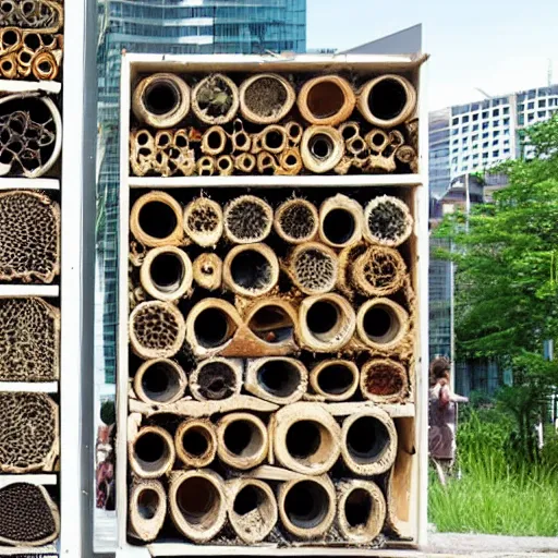 Prompt: insect hotel combined with modern buildings, cityscape, photograph