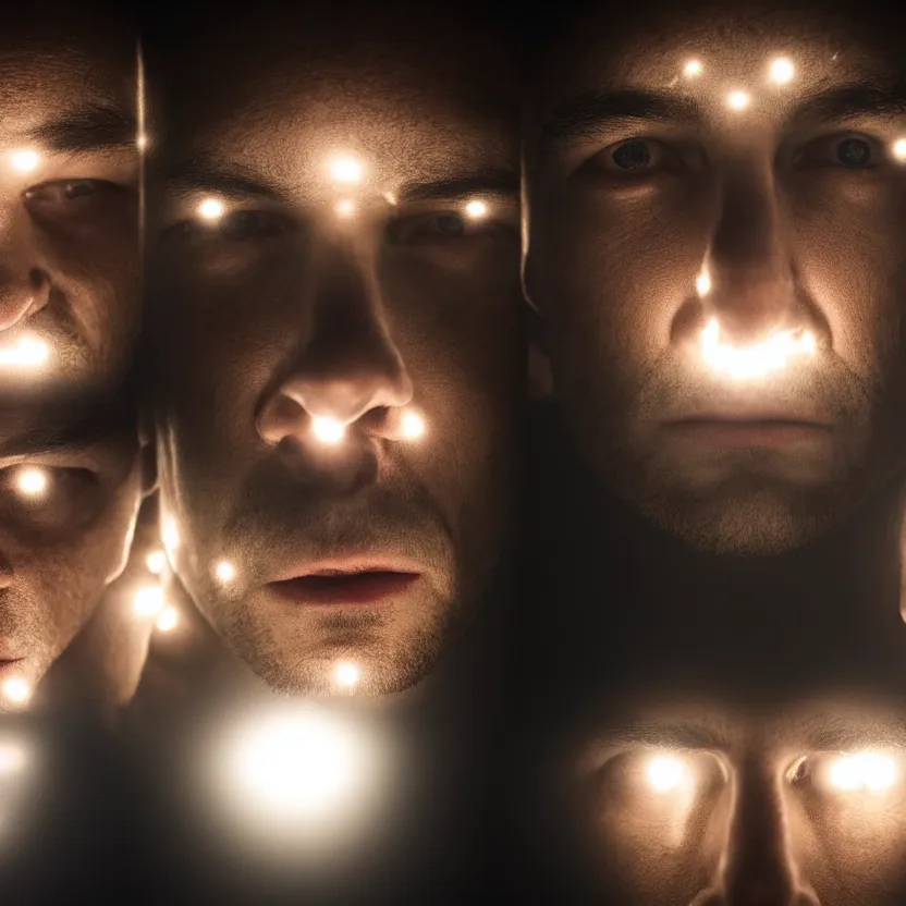 Image similar to 4 men's faces being illuminated inside a dark room, cross composition, realistic 4k