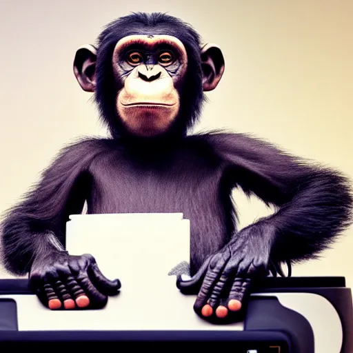 Image similar to chimp sitting at a desk with a crt monitor 📷