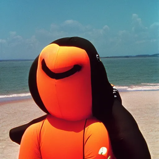 Prompt: A sad woman wearing an inflatable animal to the beach, 1980, color film expired film, aged photo, fellini almodovar john waters