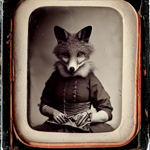 Prompt: a wet plate photo of an anthropomorphic fox dressed as maid marian - h 7 6 0