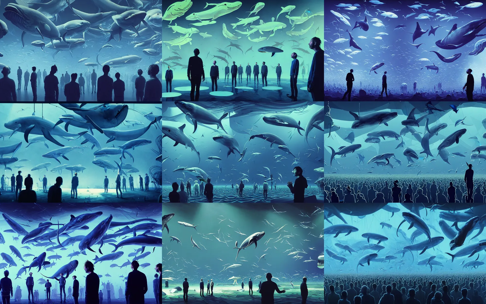 Prompt: thom yorke and radiohead looking at weird fishes in the air while playing on stage at a festival concert, whales, mantis, dolphins and swordfish, concept art by james jean, ralph macquarrie, greg rutkowski and james gurney, volumetric light, audience in the background, global illumination, detailed, dreamy, surreal, atmospheric