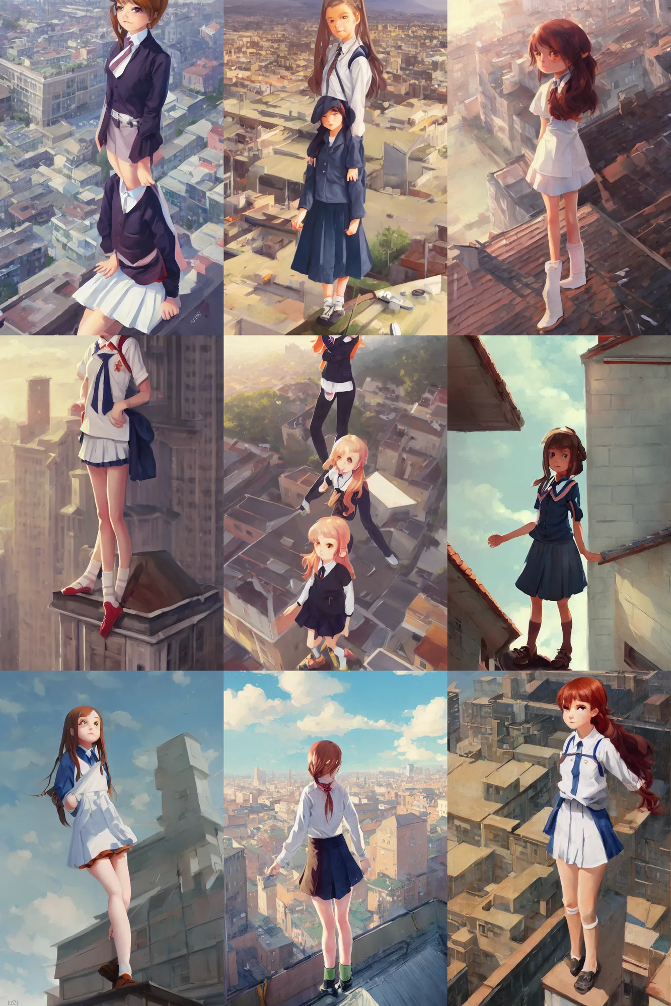 Prompt: gouache of a cute girl wearing school uniform standing on the edge of the roof of a tall building, 8 k wallpaper, high detailed, illustration, morandi color scheme, art station, by krenz cushart