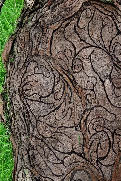 Image similar to a beautiful slavic floral pattern painted on old tree bark