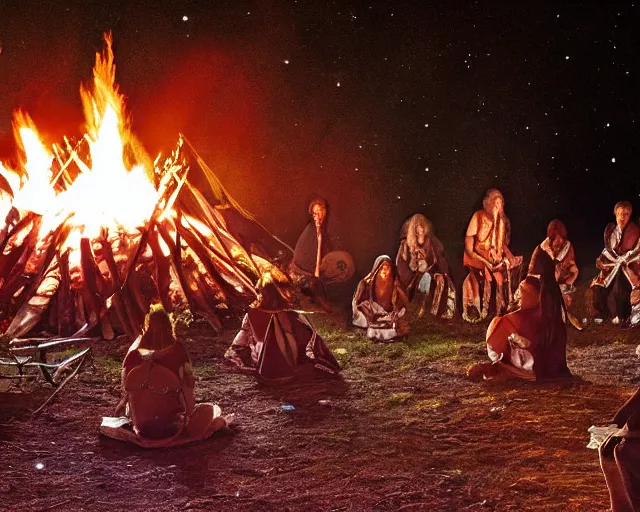 Prompt: native american indian pow wow at campfire under cosmic sky, epic hyper realistic award winning photographic still