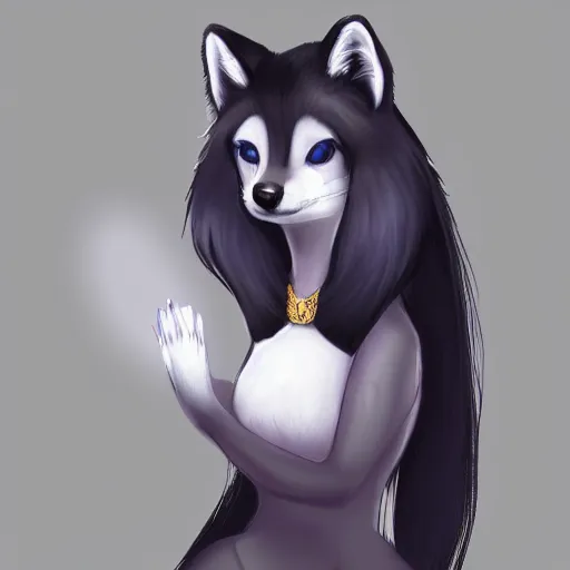 Image similar to digital painting of a female anthro arctic fox furry with blue eyes in a beautiful black dress, wlop, trending on artstation, furry fox ears, anthro paws and arms, gold necklace, femme, wlop, gradient shading, simple shading