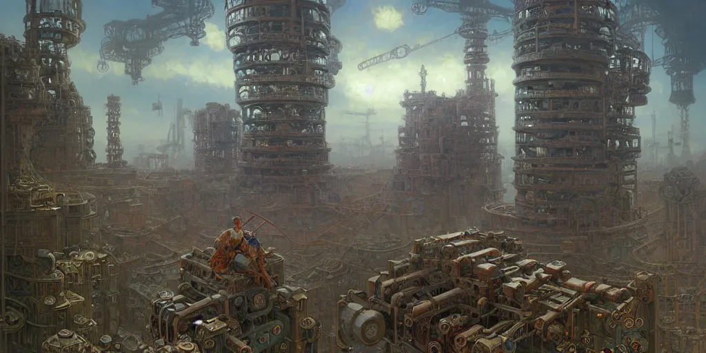 Image similar to giant interlocked cogs sprockets gears cogs, giant geometric mechanisms structures floating in space, industry, villages castles, buildings vista artstation illustration sharp focus vista painted by ruan jia raymond swanland lawrence alma tadema zdzislaw beksinski norman rockwell tom lovell alex malveda greg staples