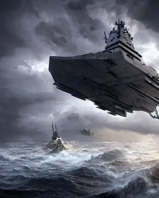 Image similar to scifi action scene of a fishing boat on stormy seas, a very large star destroyer spaceship flying overhead, the very large star destroyer spaceship is emerging from storm clouds, sunset lighting, stormy weather, dramatic lighting, unreal engine, hyper realism, realistic shading, cinematic composition, realistic render, octane render, detailed textures, photorealistic, ultrawide shot, 1 6 mm lens