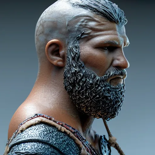 Image similar to of a 3d clay model of a viking from valhalla, ultra fine detail, hair strands, ultra high resolution, fine texture detail, miniature painting techniques, perfect proportions, marvel cinematic universe, eric bana