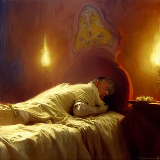 Prompt: the catholic pope in his bed, scared, because a horned shadow demon is approaching him. highly detailed painting by gaston bussiere, greg rutkowski, craig mullins 8 k