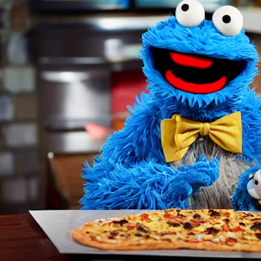 Image similar to Cookie Monster Muppet on Sesame Street eating pizza in secret, happy