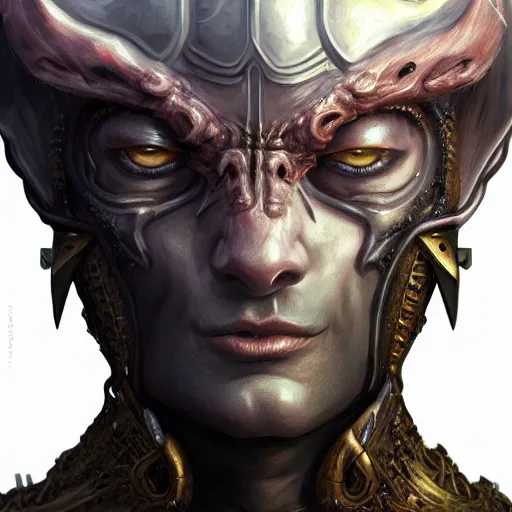 Image similar to portrait of a demon in the armor, beautiful face, hyper realistic, highly detailed, digital painting, artstation, illustration, concept art by hyung tae and frank frazetts