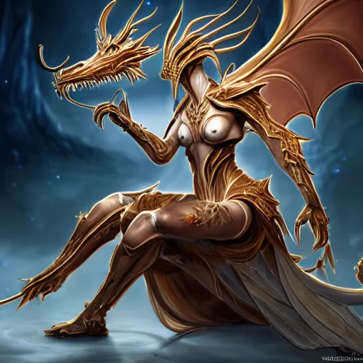 Image similar to highly detailed exquisite fanart, of a beautiful female warframe, but as an anthropomorphic dragon, elegant pose of her giggling with her hand over her mouth, sitting on top of an orokin cryopod, full body and head shot, epic cinematic shot, sharp claws, professional digital art, DeviantArt, high quality artstation, Furaffinity, HD render