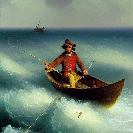 Prompt: a highly detailed painting of a man fishing on a small boat in the ocean by Ivan Aivazovsky, 4k, HD