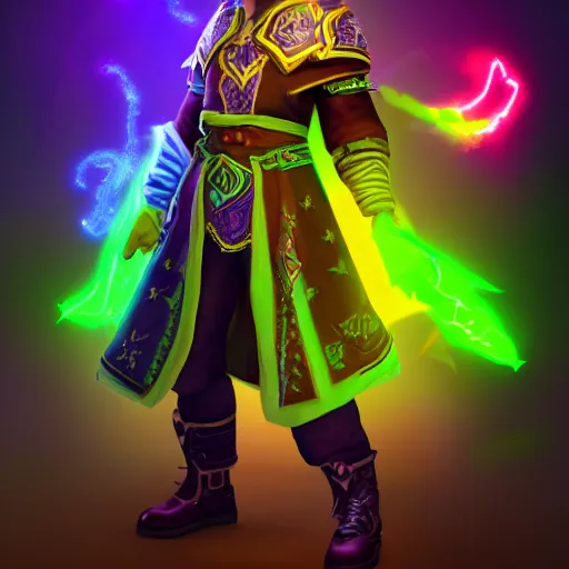 Prompt: a oil art portrait of young mage with neon magic in style of warcraft character, bard jester character sheet, 4 k, ultra detail, volumetric lighting, unreal engine, octane render, grimdark