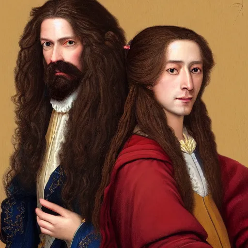 Image similar to an ultra detailed portrait of a handsome wizard with a goatee named james and a beautiful noblewoman with long brown hair named rachel, 8 k, baroque and luminist style, artstation, pixiv, by jacque - louis david