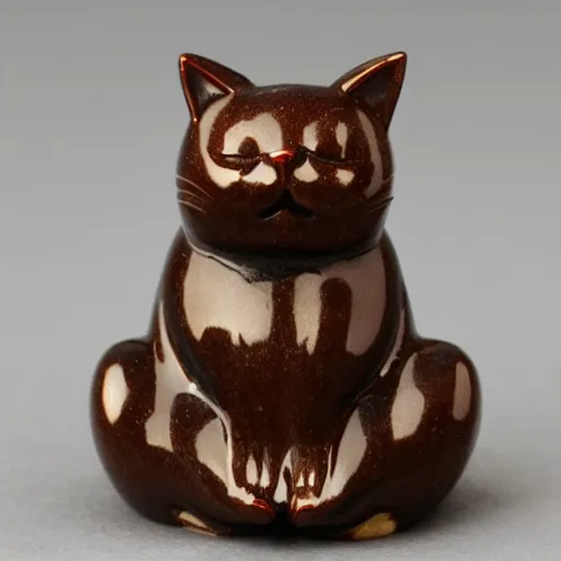 Prompt: elegant anthropomorphic cat figurine wearing a kimono, brown resin, toggles, very highly detailed, intricate, monotone, shy looking down