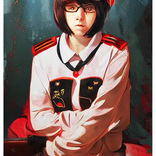 Image similar to oil paining of twentytwo year old female character with ( ( ( cat ears ) ) ) wearing soviet era uniform, wearing a tshirt with a face of karl marx on it, in the style of krenz cushart