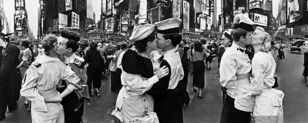 Image similar to alfred eisenstaedt's photograph of spaghetti and an american sailor kissing a woman in times square, 1 9 4 5, canon 5 0 mm, kodachrome, retro