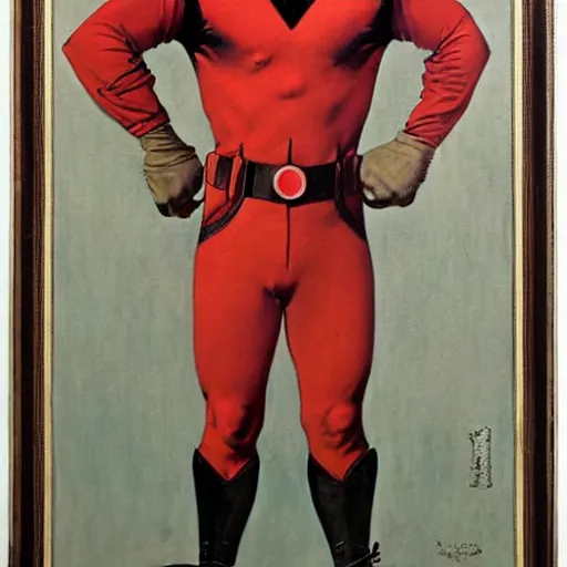 Prompt: A frontal portrait of a person wearing a deeply disturbing superhero costume. A painting by Norman Rockwell.