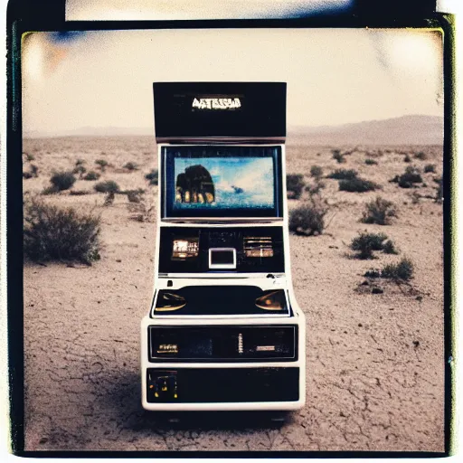 Image similar to a distant slot machine in the middle of a desert at night, very dark, dark lighting, old polaroid, damaged film, expired film, slightly blurry, liminal space, surreal,