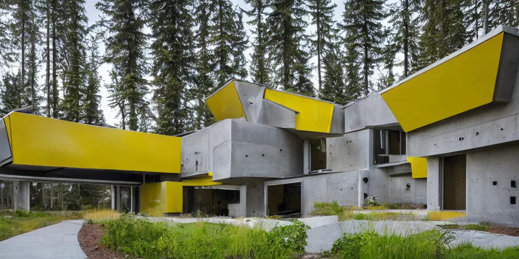 Prompt: large futuristic residence, gray concrete, yellow metal pipes, many large green windows, pacific northwest, triangular elements