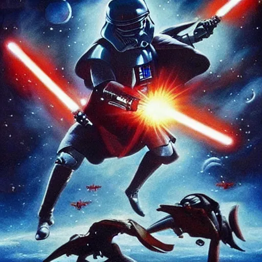 Image similar to an epic battle scene in space, style of star wars