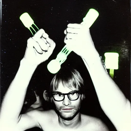 Image similar to jeffrey dahmer in a nightclub with glowsticks, late 7 0 s polaroid photo