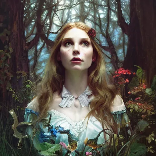 Prompt: close up portrait of alice in wonderland, magical forest, dramatic lighting, high detail, painted, by greg rutkowski, painted by stanley artgerm, painted by alphonse mucha, trending on artstation