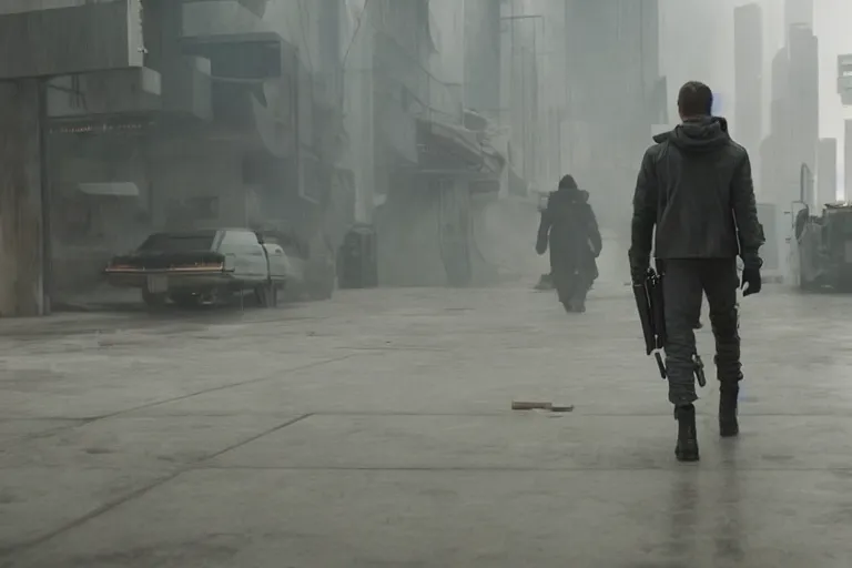 Prompt: blade runner 2049 movie still elegant bank fancy white marble flooring. robbery in progress. cyberpunk man carrying duffle bag holding shotgun. 2017 movie still 35mm wide angle lens