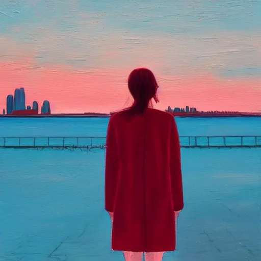 Prompt: lonely young woman with red hair magenta coat and light blue pants wandering a beach at sunset, stylized oil painting, warm lighting, city skyline in background, swimming pool in foreground