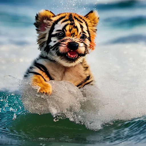 Image similar to a closeup photorealistic photograph of a cute smiling tiger bichon puppy splashing in the surf during sunset. professional capture, well lit shot. this 4 k hd image is trending on artstation, featured on behance, well - rendered, extra crisp, features intricate detail, epic composition and the style of unreal engine.