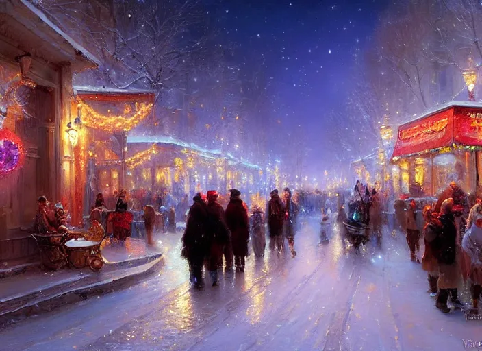 Image similar to night street on christmas by wlop and vladimir volegov and alexander averin and delphin enjolras and daniel f. gerhartz