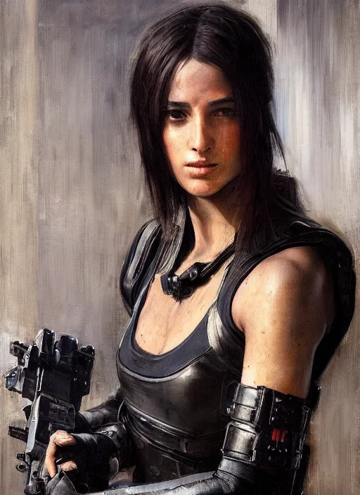 Prompt: Gabrielle. beautiful athletic cyberpunk assassin wearing a military vest and military gear (cyberpunk 2077). gorgeous face. Iranian orientalist portrait by john william waterhouse and Edwin Longsden Long and Theodore Ralli and Nasreddine Dinet, oil on canvas. Cinematic, hyper realism, realistic proportions, dramatic lighting, high detail 4k