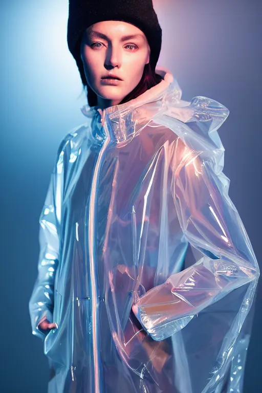 Image similar to an ultra high definition professional high fashion portrait studio full length photograph of a model wearing a transparent pearlescent raincoat and neon visor in an icelandic black rock environment at dawn. no artefacts. extremely detailed. stark. refraction. shallow depth of field. volumetric light and shadow. ray tracing. light rays.