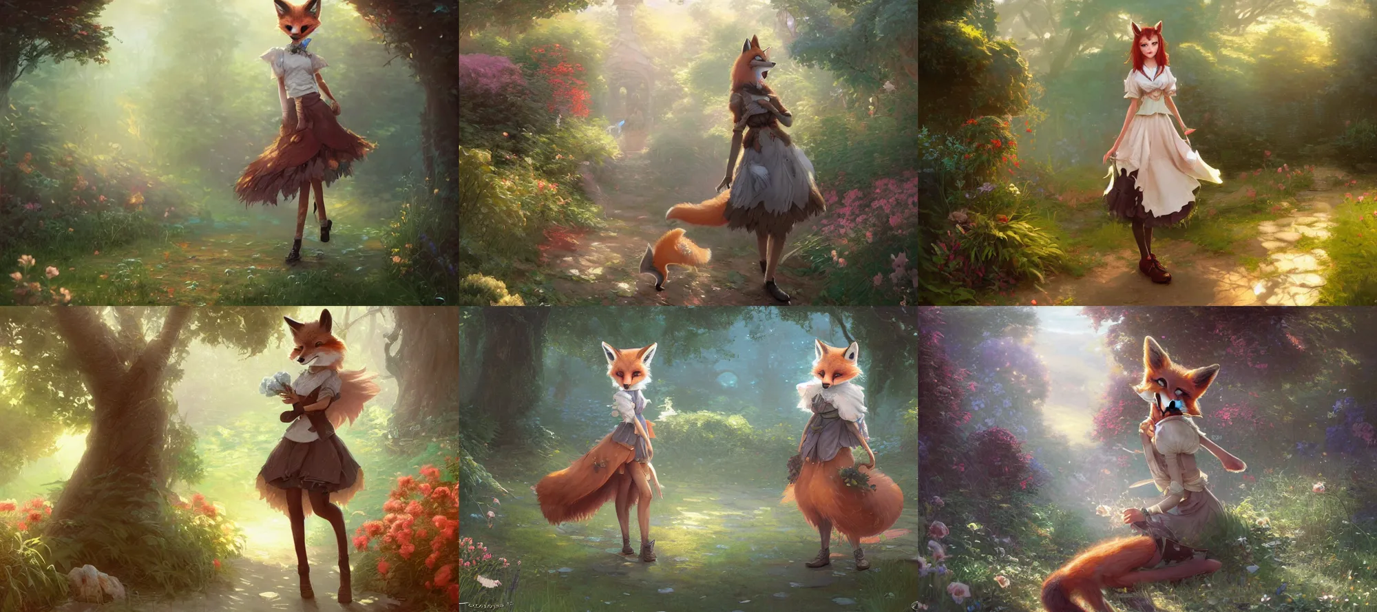 Prompt: an anthropomorphic fox girl wearing a skirt, garden background, illustration by greg rutkowski, thomas kindkade, loish, artstation, furaffinity, deviantart