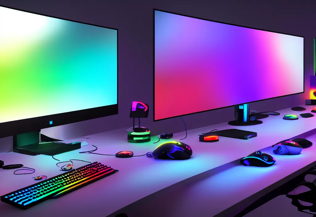 Image similar to the ultimate gaming setup rgb, three monitors, colorful, glossy, octane render, 8 k, detailed, rgb keyboard, rgb mouse, gaming pc, microphone, detailed