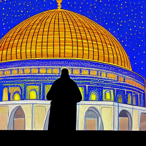 Prompt: a beautiful illustration of dome of the rock jerusalem and a silhouette of a muslim is praying in front of it, intricate, elegant, glowing lights, highly detailed, digital painting, artstation, concept art, smooth, sharp focus, illustration, flat background