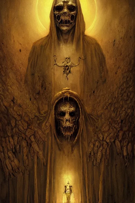 Image similar to a painting of a portrait of the high pontifex of pain with a halo on his head, golden halo, a detailed painting by santiago caruso, official art by greg rutkowski, a character portrait by seb mckinnon,, gothic art, apocalypse art, antichrist, grotesque, elder, skin, gouache, sinew, artstation