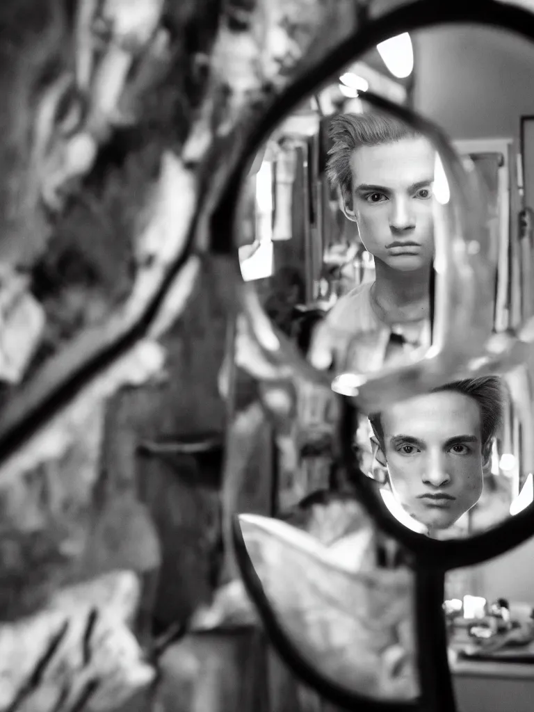 Image similar to androgynous male, staring into infinite mirror, photographic noir, wide lens