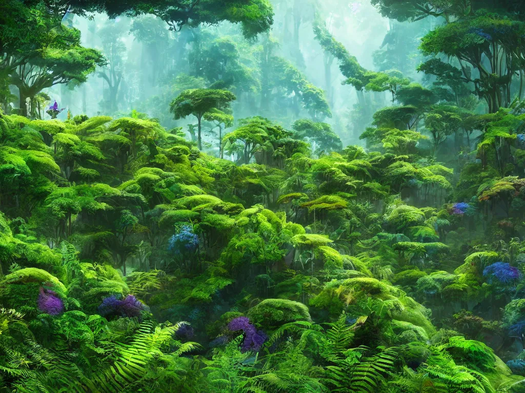 Image similar to a beautiful otherworldly fantasy landscape of dense lush ferns and evergreen trees in hyper detail like the pacific northwest, vivid glowing colors, extreme detail, studio ghibli and pixar and abzu, rendering, cryengine, deep colors, purple and blue and green colors, vray render, cgsociety