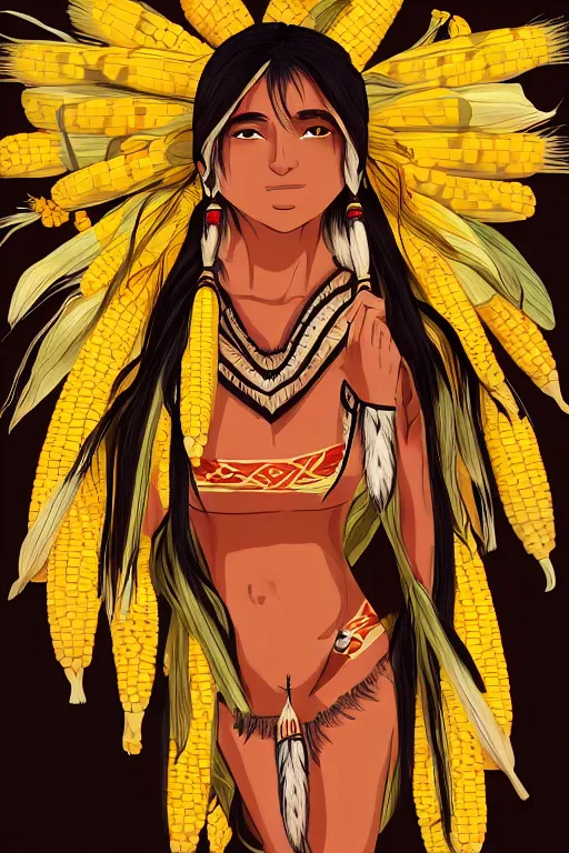 Image similar to a native american with corn for skin, highly detailed, digital art, sharp focus, trending on art station, anime art style