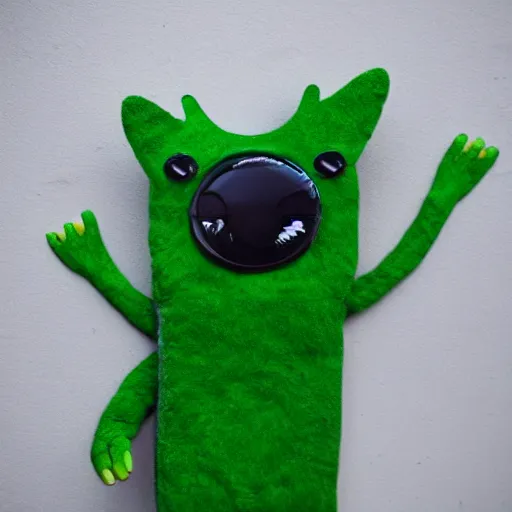 Image similar to photo of a cute green creature with a cat face and a caterpillar body