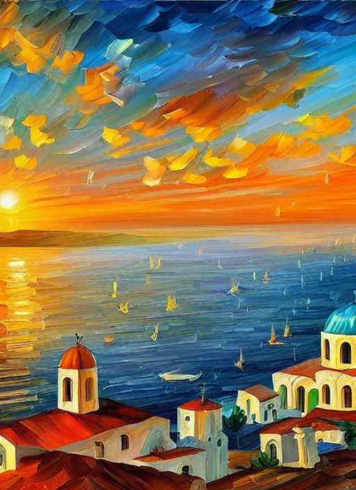 Prompt: beautiful seaside greek church and village at sunset in the style of leonid afremov