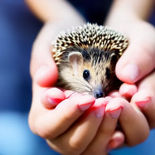 Image similar to a close up photo of a girl holding a baby hedgehog in her hand with the hedgehog upside down, real photo, real camera, dslr, intricate quality, 8 k