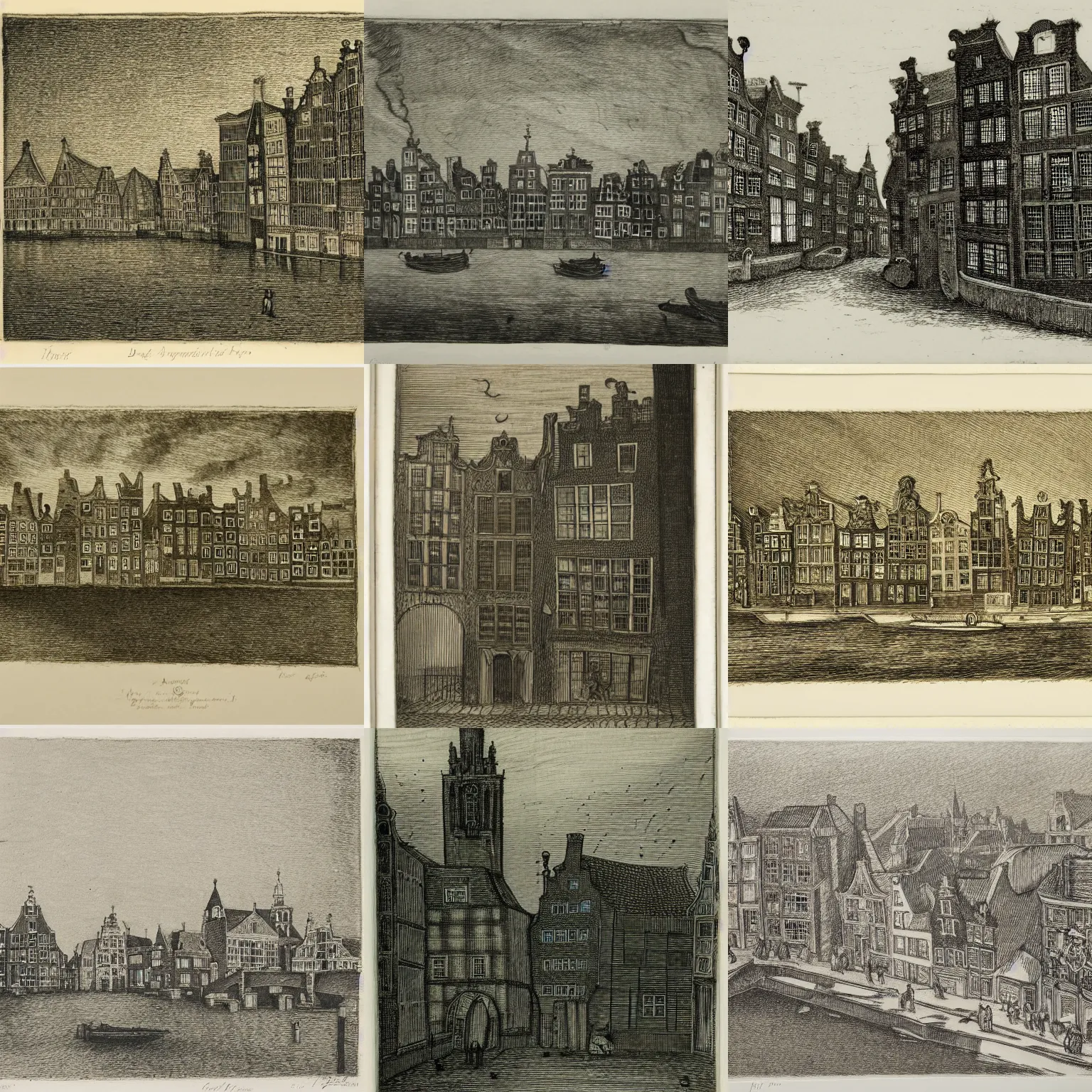 Prompt: a drypoint etching of a 17th century Amsterdam