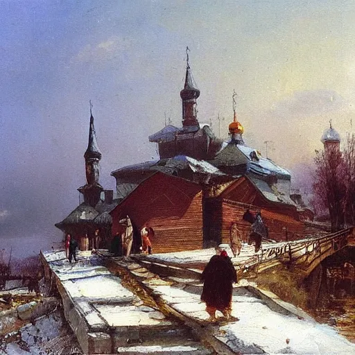 Prompt: scene of an Eastern European village, summer, oil painting, in the style of Peredvizhniki, by Alexei Savrasov