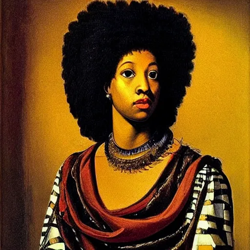 Image similar to portrait afro cleopatra painted by caravaggio